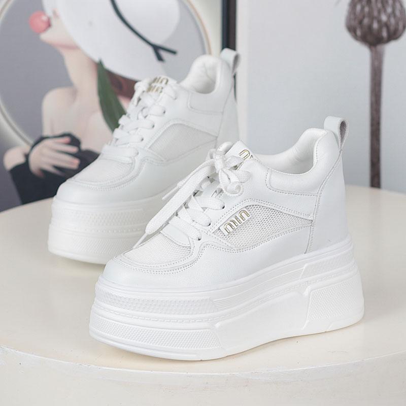 Mode 12CM Damen Freizeit-Laufschuhe Sommer Herbst Schnürschuhe Leder Hochwertige Sneaker Mode Flachboden Damen Klobige Sneaker 40 weiß