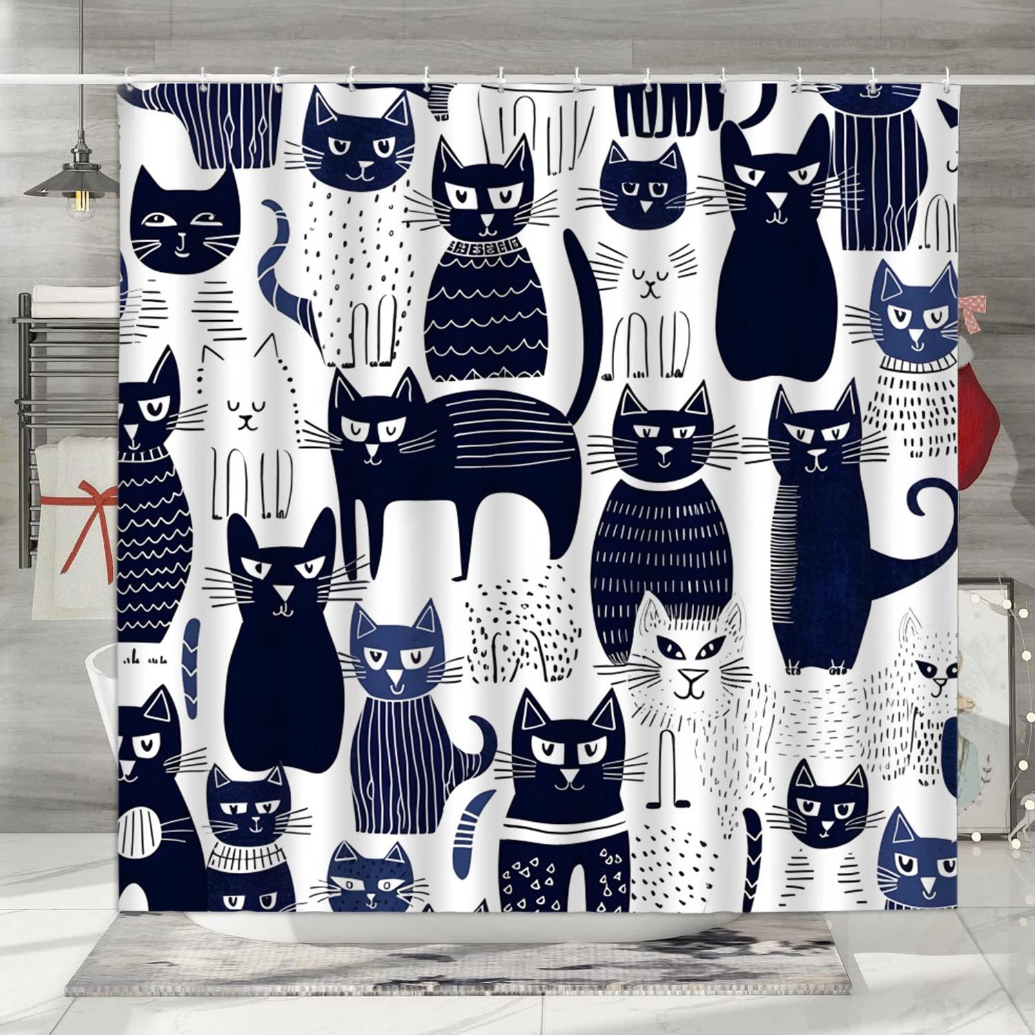 Lustiger Katze Duschvorhang Cartoon Niedliche Katzen Hund Kinder Duschvorhang Für Badezimmer Wasserdichtes Polyester Heimdekor Duschvorhänge 90x180cm-35x70in