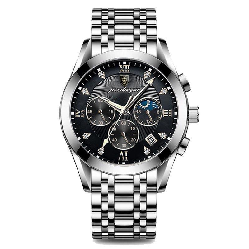 Männer Uhr Neue Top Marke Luxus Wasserdicht Leucht Sport Armbanduhr Edelstahl Quarz Militär Echtes Leder Männliche Uhr schwarz/silber