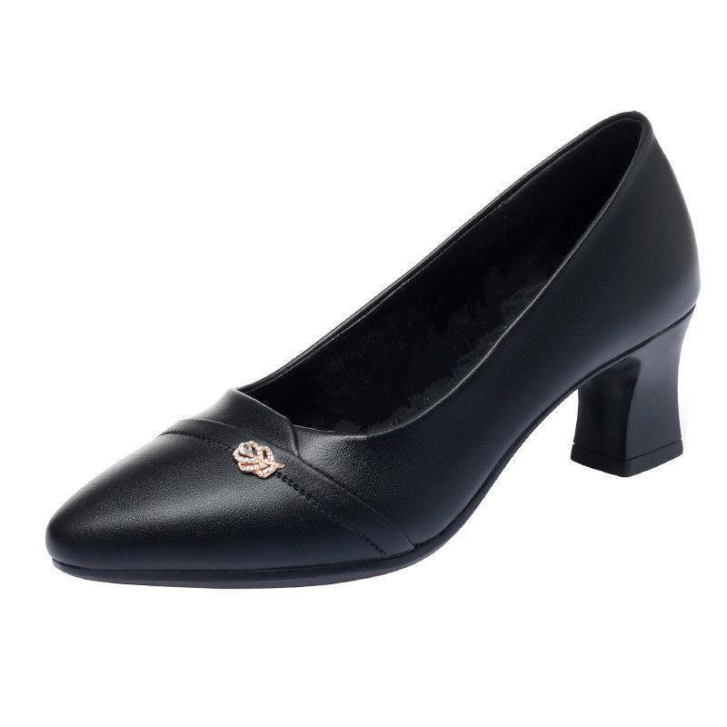 High Heels Einzelschuhe Damen Lederschuhe Frühling und Sommer Mittelhoher Absatz Chunky Heels Freizeitschuhe Spitze Schuhe 35 schwarz