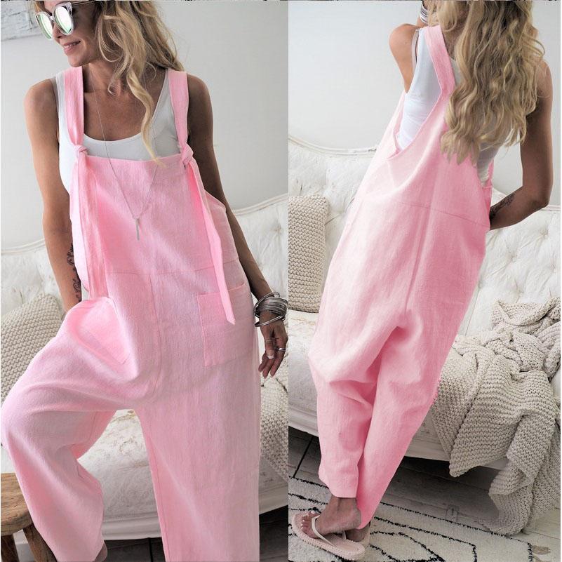 Damen-Overall, Spaghettiträger, breites Bein, Latzhose mit Taschen, Baumwoll-Leinen-Overall, lässiger, lockerer Playsuit L rosa