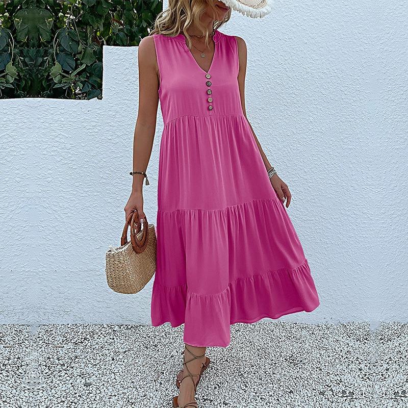 Sommer Damen Tank Top Kleid Ärmellos Plissee Kleider Lose V-Ausschnitt Midi Kleider S rose rot