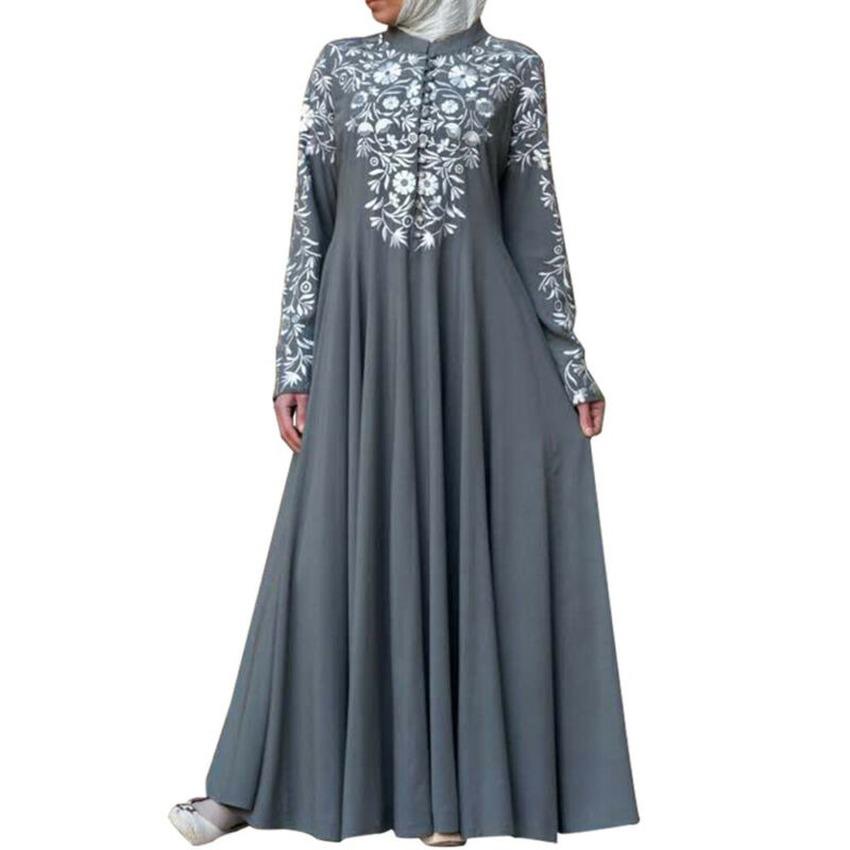 Muslimische Frauen Langarm Abaya Kleid Stehkragen Blumen Swing Kaftan Maxikleider XL grau