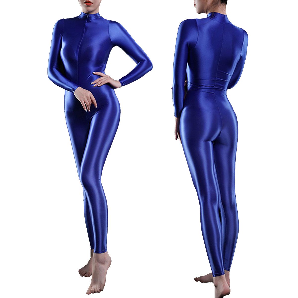 Einteiliger, glänzender, langärmliger, glatter Leotard-Bodysuit mit Doppelreißverschluss für Damen und Catsuit One Size blau