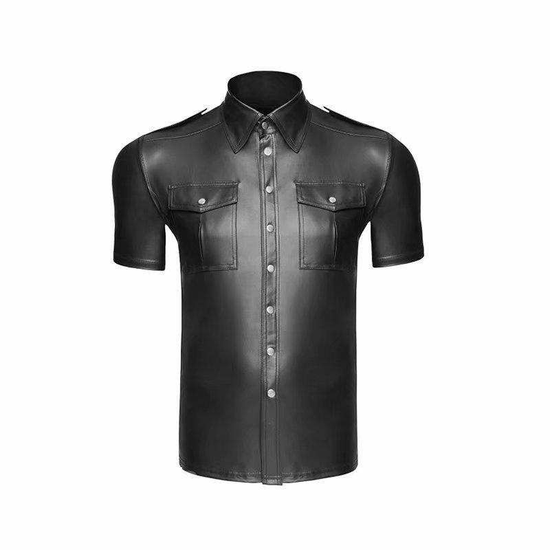 Kunstleder Kurzarm Herren T-Shirt Tops Strumpfhosen Arbeitskleidung Party Club Kleidung Herren Sexy Unterwäsche M schwarz