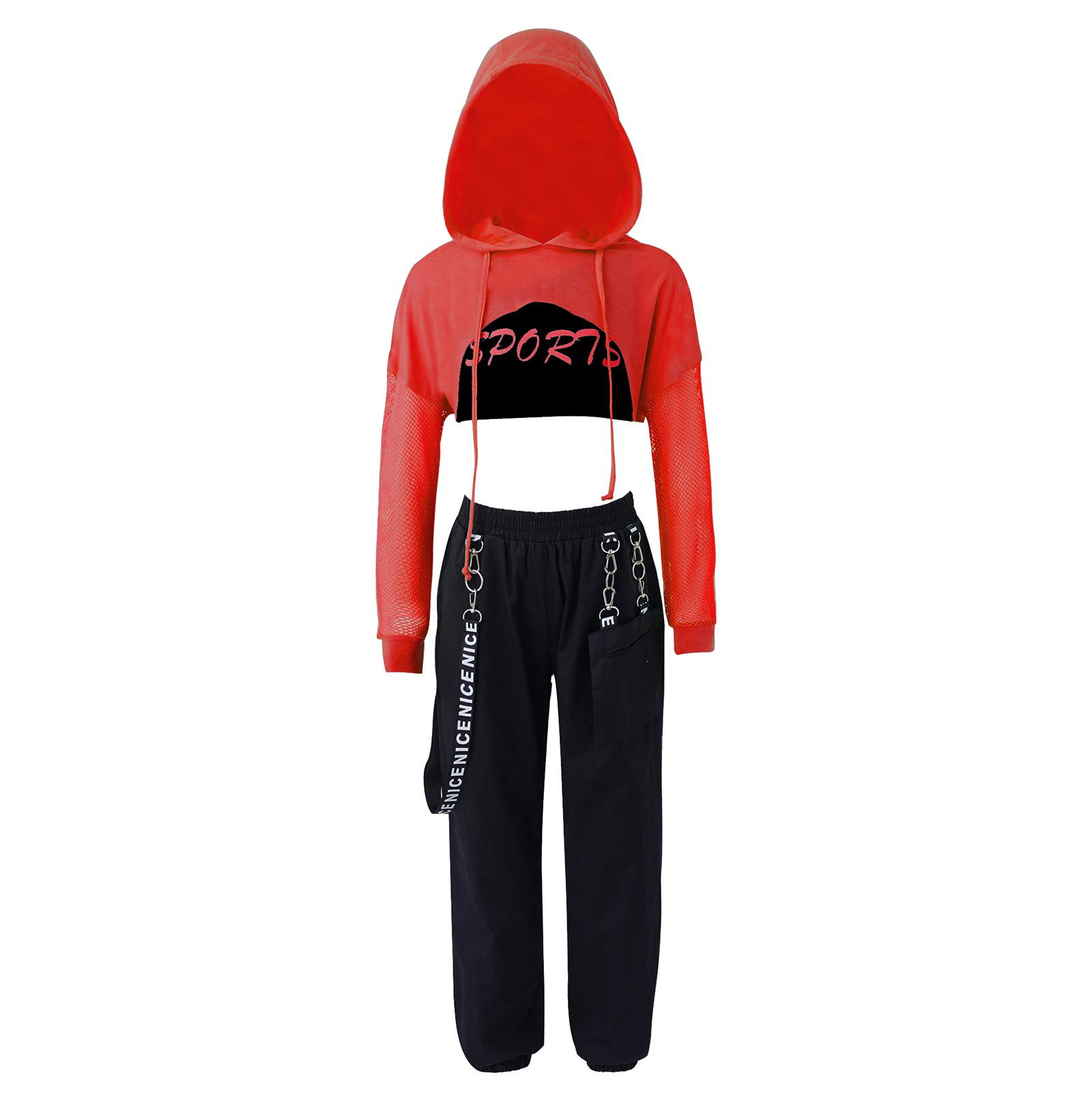 Kinder Mädchen Hip-Hop Street Dance Kleidung Outfits Weste Tops Cargo Jogginghose Net Cover Up Moderne Teenager Mädchen Streetwear 15-16 Years rot