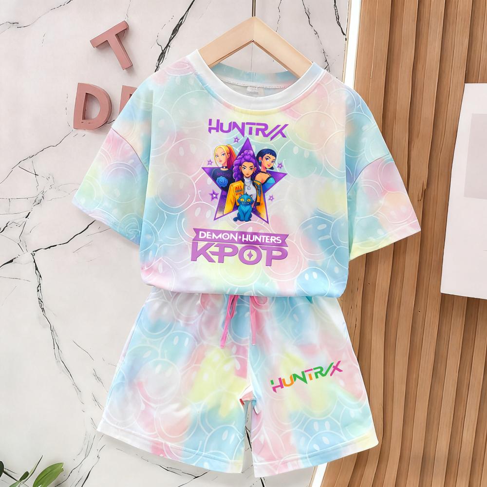 Sommer Dämonenjäger Neu Kawaii Lächeln Gesicht Outfits Mädchen 3D Druck Kurzarm T-Shirt Weiche Atmungsaktive Pyjamas Hauskleidung 120