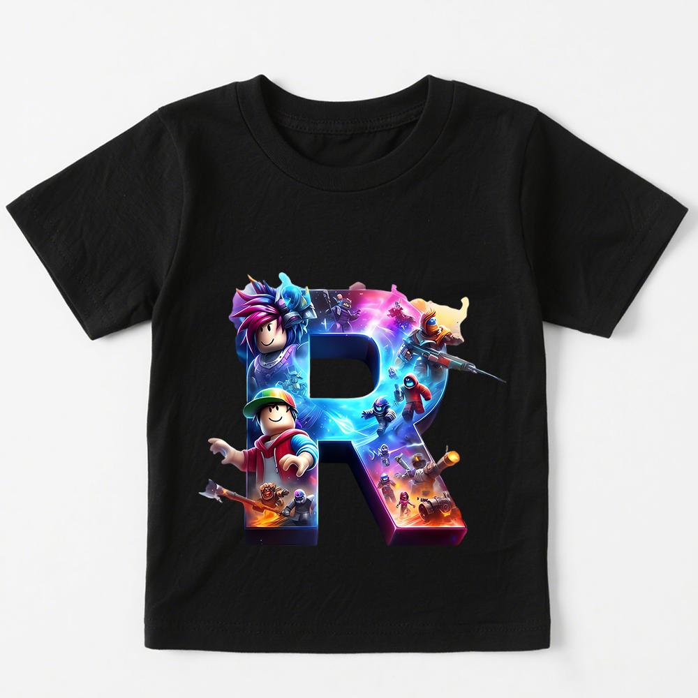 Roblox 26 Alphabetbuchstaben Bedruckte Baumwoll-T-Shirts Für Jungen Mädchen Kinder Kurzarm Freizeit-T-Shirts Kinder Sommerkleidung 150