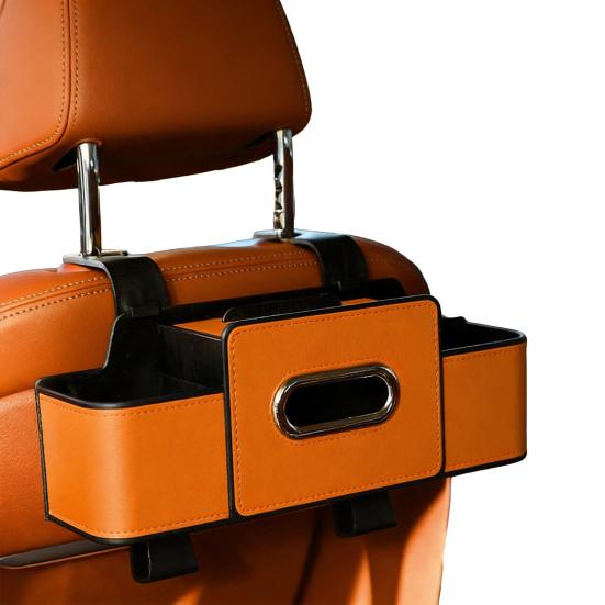 3-in-1 Auto-Rücksitz-Organizer Multifunktionale Rücksitz-Aufbewahrungsbox mit 2 Getränkehaltern Taschentuchbox und Haken für Handys Snacks Getränke Handtaschen orange
