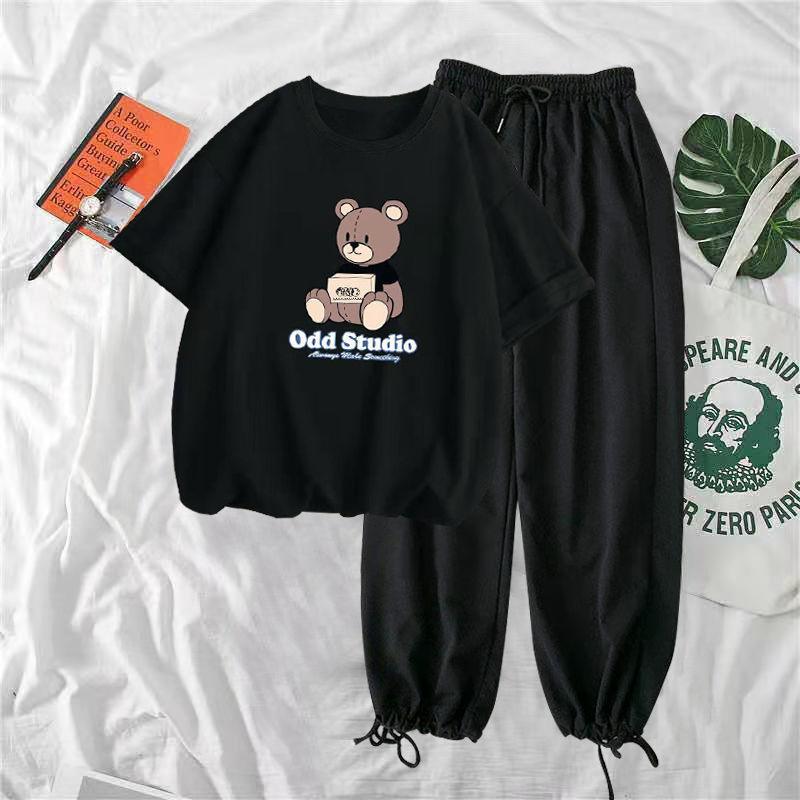 Mode Wenig Bär Kurzarm Casual Sportswear Anzug Frauen Casual Breite Bein HosenZwei-stück Sommer Lose Sport Anzug XL schwarz
