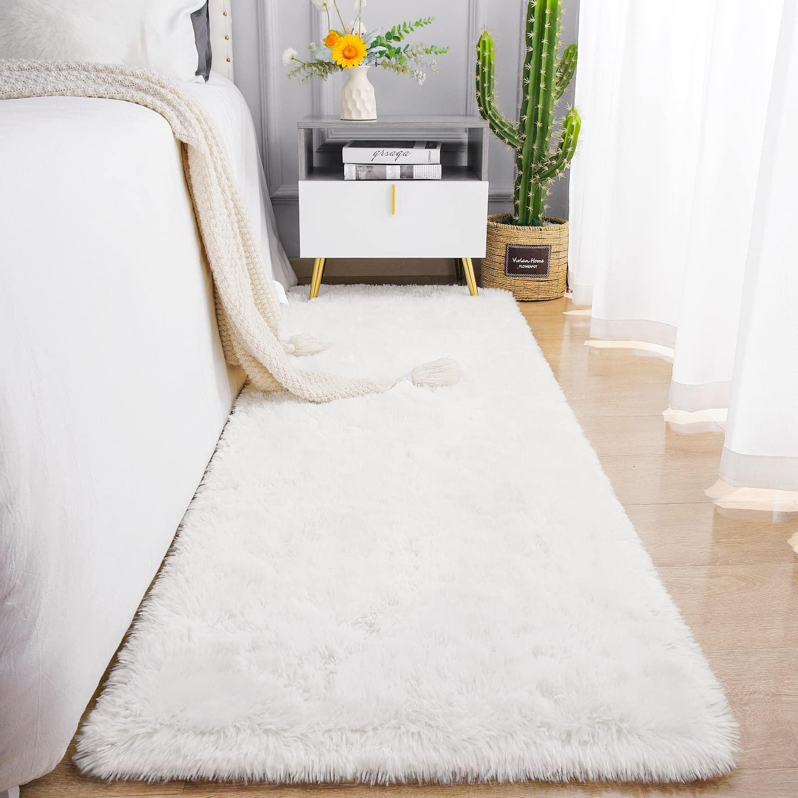 Weicher Läuferteppich, Plüschiger Schlafzimmer- und Wohnzimmerteppich, Bodenmatte für Kinderzimmer und Kinderzimmer zur Heimdekoration 60x160cm 24x63inch reine weiße