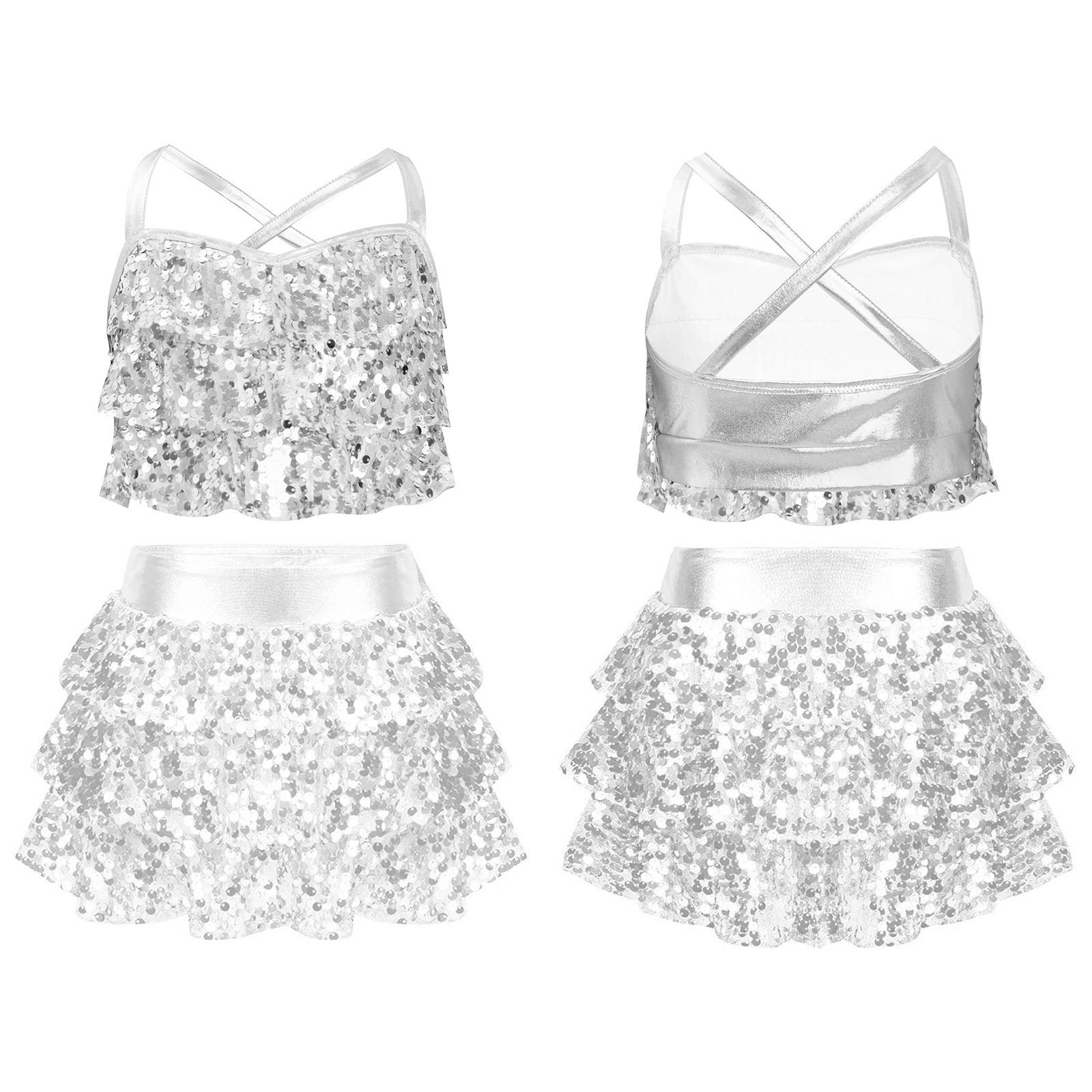 Mädchen Pailletten Jazz Tanz Outfit Kostüm Glänzendes Metallic Crop Top mit gestuftem Unitard Rock Schul Basketball Cheerleading Kostüm 5-6 Years silber