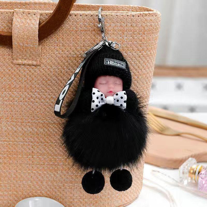 Schlafender Baby-Schlüsselanhänger, süße, flauschige Plüschpuppe, Schlüsselanhänger, Frauen, Mädchen, Taschen, Anhänger, Autos, Schlüsselanhänger, Rucksack, Dekoration, Geschenk schwarz