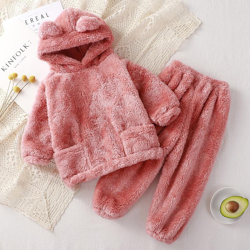 Herbst Winter Baby Kleidung Set Warme Fleece Mit Kapuze Pullover Hosen Kinder Jungen Sets Kleidung Hause Freizeit Tragen Kleinkind Mädchen Outfit 80cm rosa