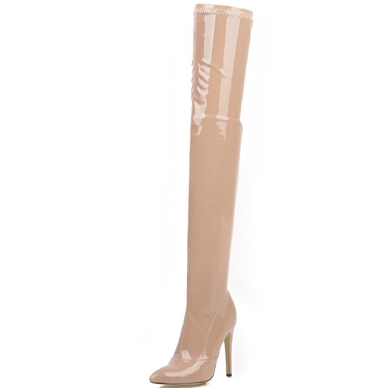 Stretch Overknee-Stiefel Damen Sexy Schwarz Über dem Knie Stiefel Damen High Heels Spitz Herbst Lack Lang Stripper Schuhe Damen 43 apricot