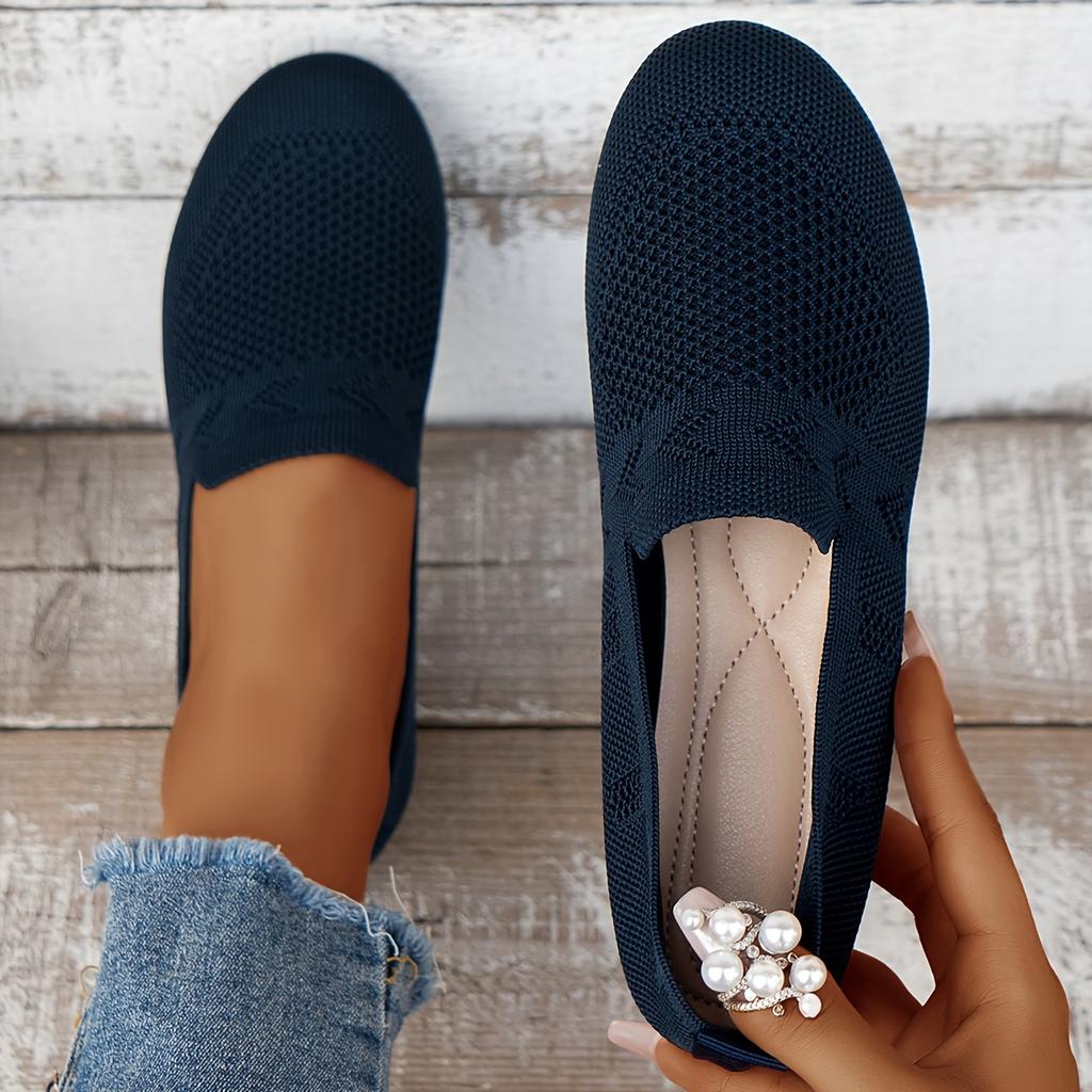 NEU Flache Strickschuhe mit runder Spitze für Damen, einfarbige Slip-On-Wanderschuhe aus Mesh für Damen, atmungsaktive Alltagsschuhe für Damen 38 navy blau