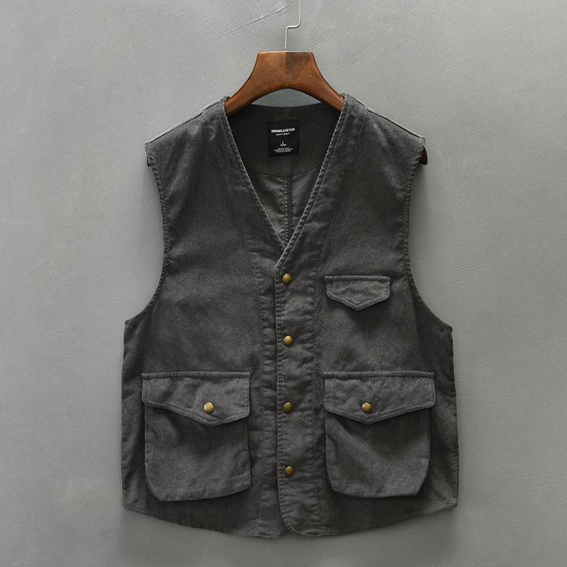 Japanische Retro Arbeitskleidung Herrenweste Frühling Herbst Angelweste Herren Baumwollweste V-Ausschnitt Einreiher Ärmellos Lässige Jacken XL dunkelgraue