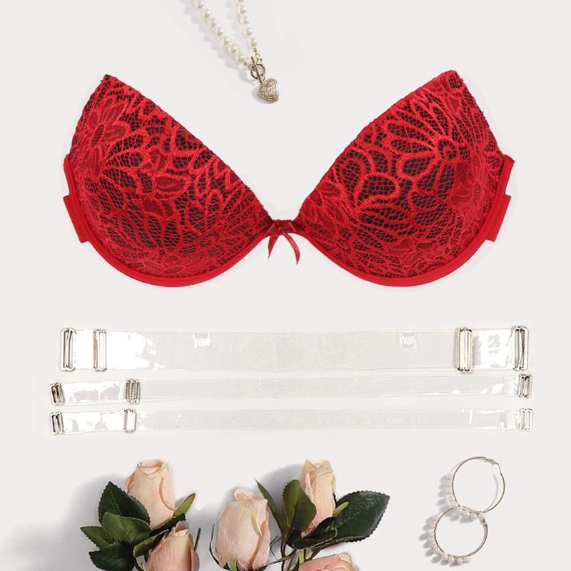 Damen Unsichtbarer BH Push-Up BH Transparent Schultergurt Rückenfrei Unterwäsche für Party Hochzeitskleid 75B C-85B C 75C rot
