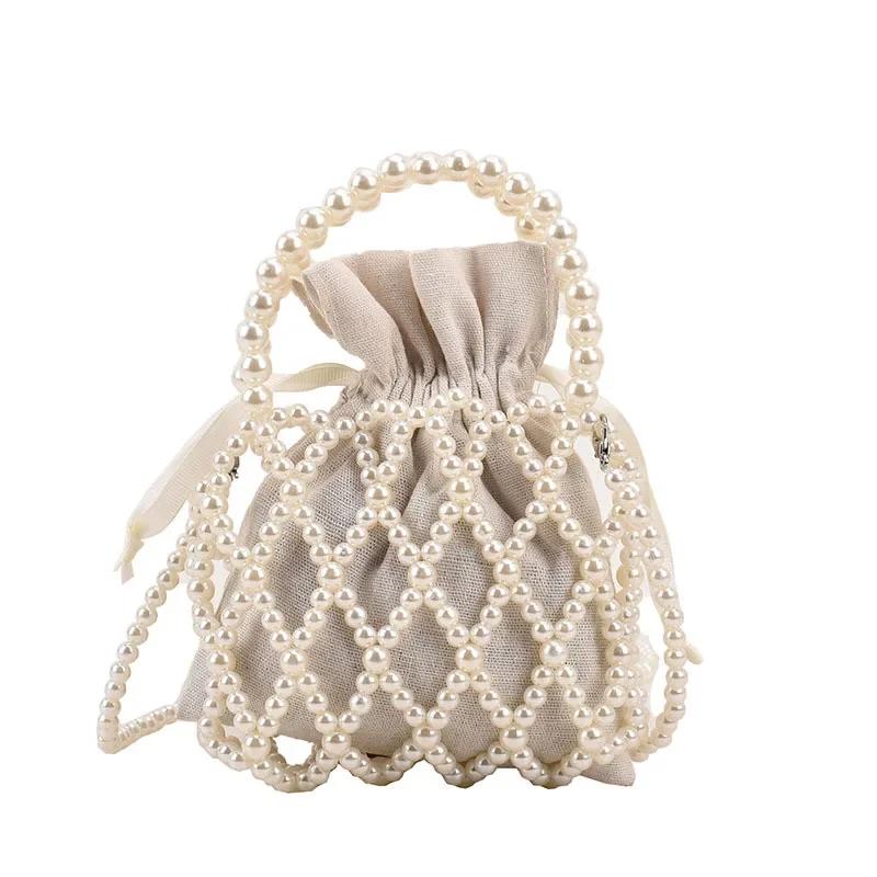Damen Perlentasche, kleine Mini-Tragetasche, gewebte Umhängetasche, Handtasche für Frauen, Münzgeldbörse, Geldbörse, Handtasche, Damen-Schultertasche beige