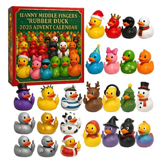 Lustiger Französische Bulldogge Stinkefinger Gummi-Ente Adventskalender 24 Weihnachts-Countdown-Box für Baumdeko Festliches Badespielzeug Geschenk für Kinder Erwachsene A