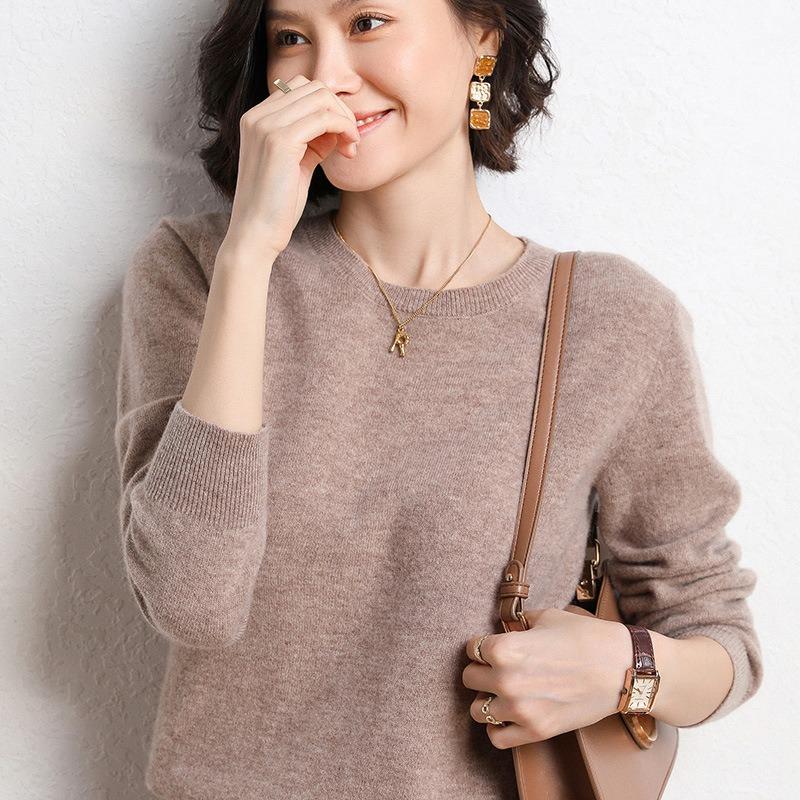 Frühling und Herbst Damen Pullover Pullover Strickpullover Rundhals Langarm Pullover Bottom Shirt Einfarbiger Pullover XL kamelfarben