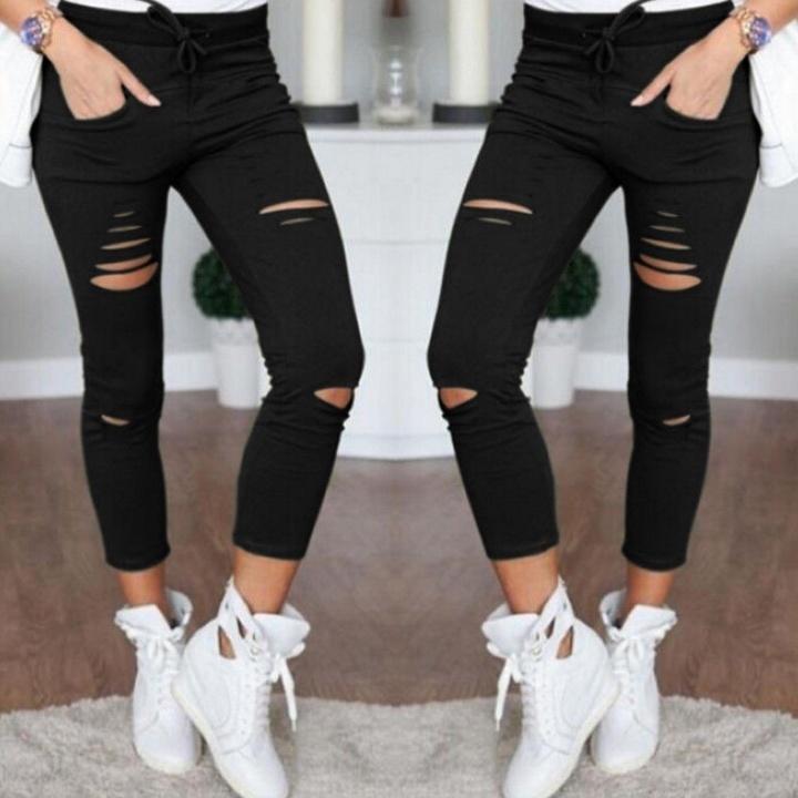 Cargo-Hosen für Damen, modisch, schlank, hohe Taille, dehnbar, dünn, gebrochenes Loch, Bleistifthose, einfarbig, Streetwear-Hose XXXXL schwarz