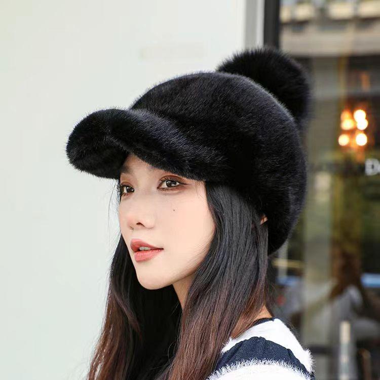 Nerzhaarmütze Damen Winter Verdickte Warme Mütze Imitation Nerzmütze Rittermütze Plüsch Entenzunge Mütze Baseballmütze schwarz