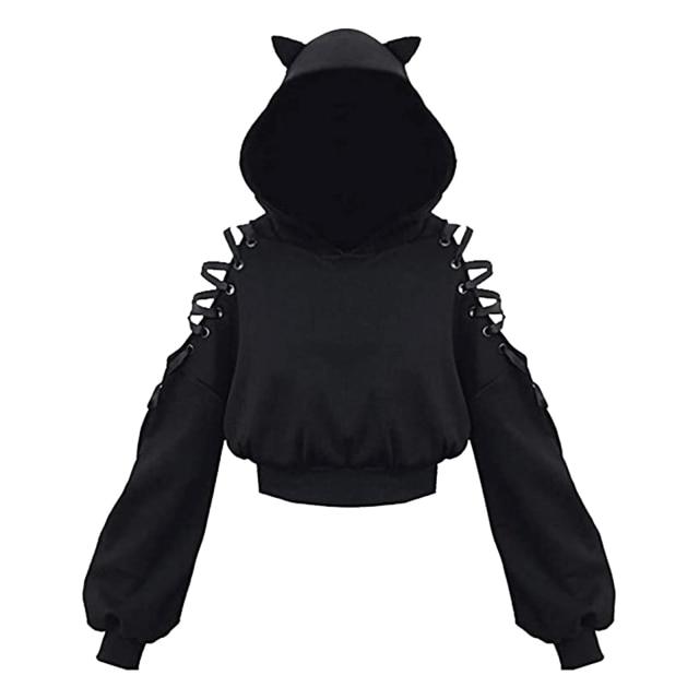 Y2K Frauen Langarm Hoodies Kawaii Katze Ohren Hoodie Gothic Punk Harajuku Kalt Shouler Verband Gothic Schwarz Sweatshirts S