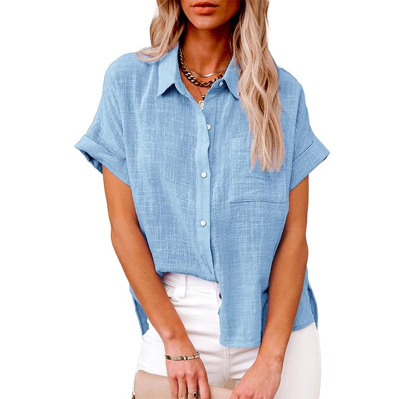Sommer Baumwolle Leinen Hemd Frauen Kurzarm Tops Frauen Elegante Blusen Kurzarm Sommer Shirts Für Frauen Casual T Shirts 3XL hellblaue
