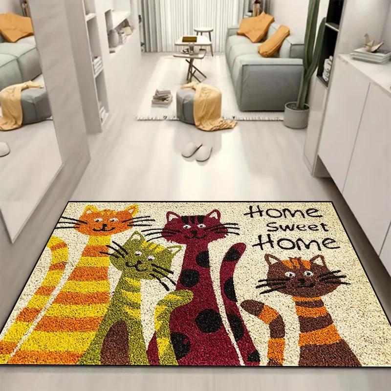 Katzen Süßes Zuhause Muster Matte Willkommen Bodendekor Teppich Rutschfest Leicht zu Reinigen Bereichsteppich Wohnzimmer Haushalt Waschbare Fußmatten 40X60cm