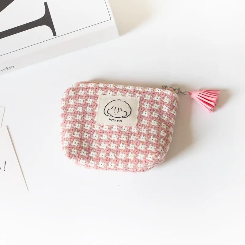 Mini tragbare karierte Münztaschen Geld Geldbörse Kopfhörer Lippenstift Datenleitung Aufbewahrungstaschen Ausweis Bankkartenhalter Clutch beige