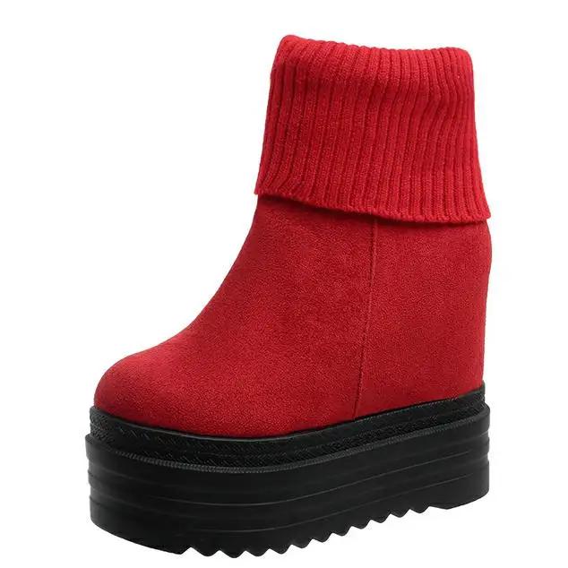 Mode 12,5CM Damen Mid-Calf Winter Strick Plüsch Versteckter Absatz Damen Warme Winterstiefel Mode Plateau Dicke Sohle Schuhe Damen Stiefel 42 rot