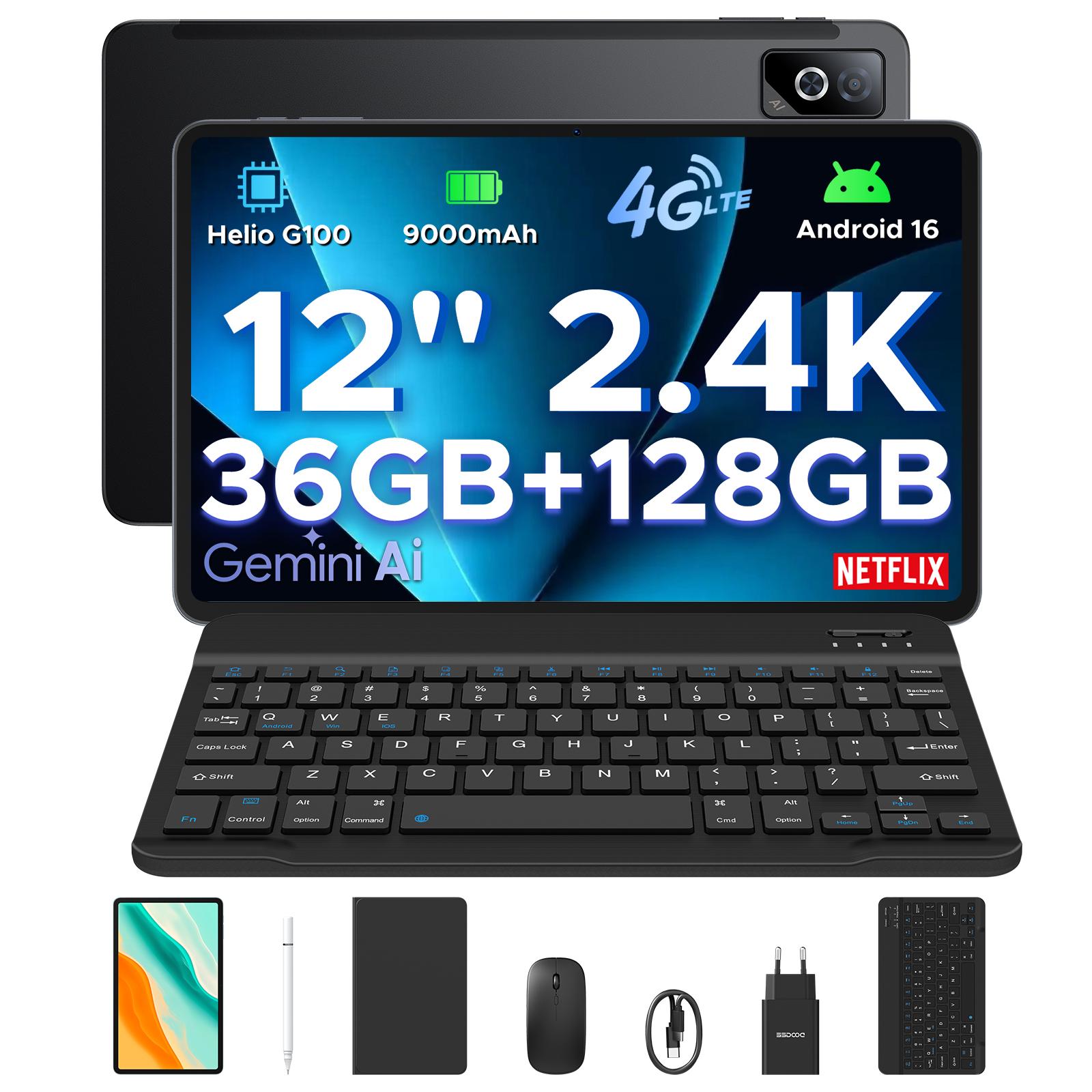 DOOGEE Tab G6 Pro 12 Zoll 2,4K Tablet, Android 16 Tablet mit Tastatur, 36 GB + 128 GB / 2 TB, 9000 mAh Akku, 4G LTE, Tablet mit Stift, Maus & Hülle schwarz