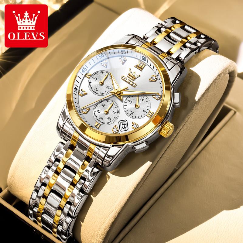 OLEVS Damenuhr Original Elegant Multifunktion Quarz Armbanduhr Wasserdicht Edelstahl Damenuhren Geschenke weiß/gold