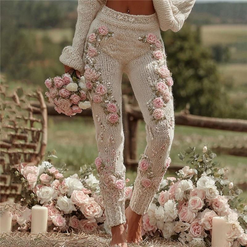Vintage 3D-Strick Leggings Damen Gothic Print Hoher Bund Skinny Hose Y2K Punk Streetwear Stretch Schlanke Hose M black