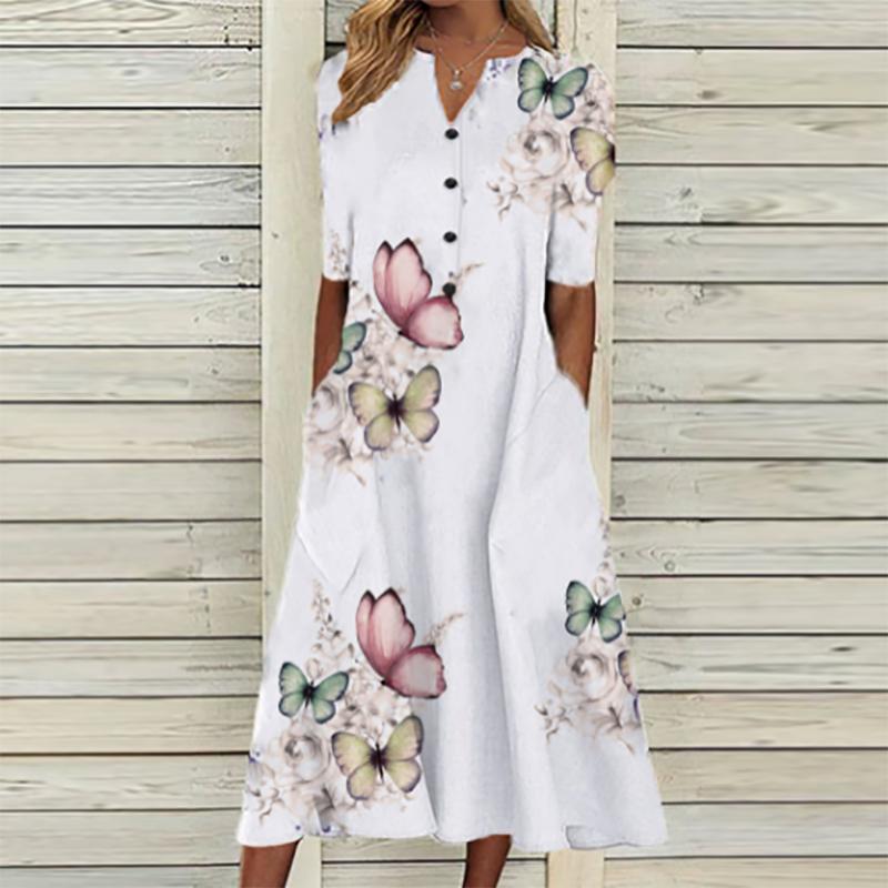 Elegante Frauen Kleider V-ausschnitt Kurzarm Taste Party Kleid Frauen Sommer Vintage Print Kleid Casual Lose Blume Damen Kleider M