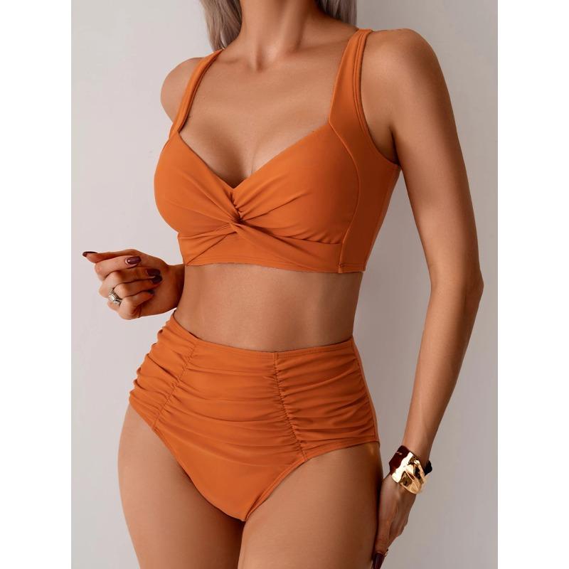 2026 Neue Einfarbige Bikini-Sets mit Hoher Taille Badeanzug für Damen Push-Up Bademode Damen Zweiteilig Badeanzug Strandmode Badeanzug XL hellbraune