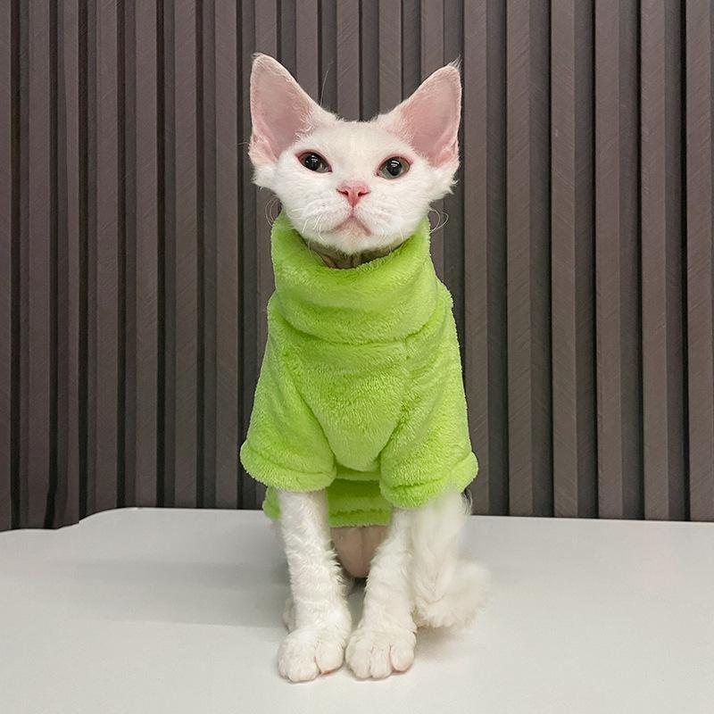 Winter Warme Haarlose Katze Kleidung Rollkragen Katze Pullover Mantel Weiche Flusen Pullover Hemd Verdicken Sphynx Katze Kleidung Haustier Kleidung M grün