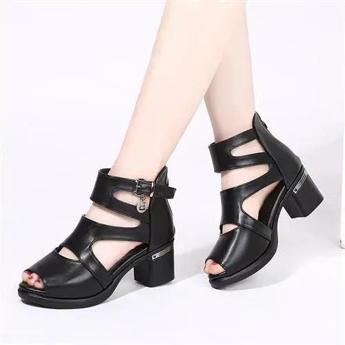 Damenmode Fischmaul Blockabsatz Sandalen Neue Sommer Metall Dekorative Schnalle Sandalen Damen Casual High Heels Sandalen 37 schwarz