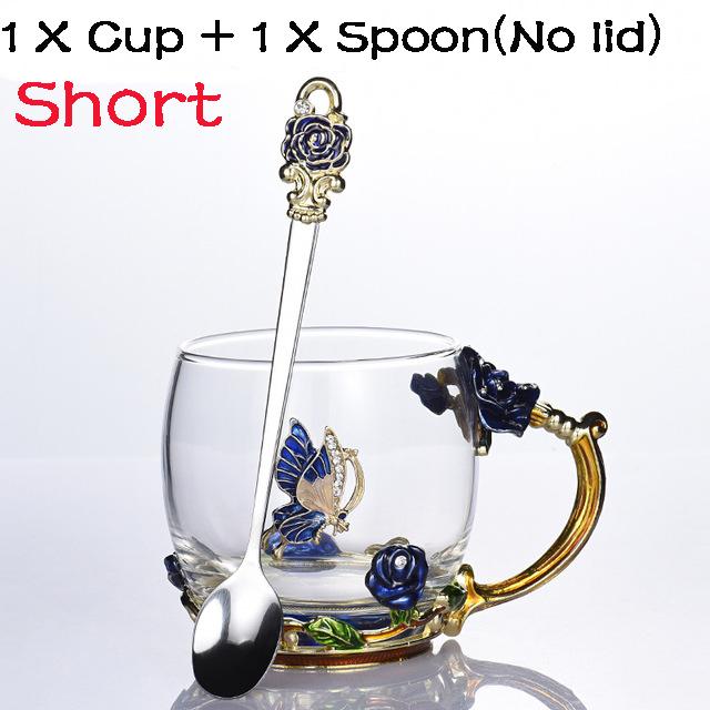 Schönheit und Neuheit Emaille-Kaffeetasse, Becher, Blumen-Teeglas, Tassen für Getränke, Teetasse, Löffel-Set, perfektes Hochzeitsgeschenk Without lid blau