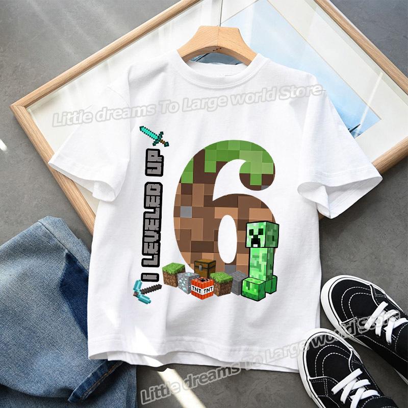 Miner Crafting Geburtstagszahl T-Shirt Partyzubehör Geschenk Cartoon Kinderkleidung Jungen Oberteile T-Shirt Sommer Kurzarm T-Shirts 110