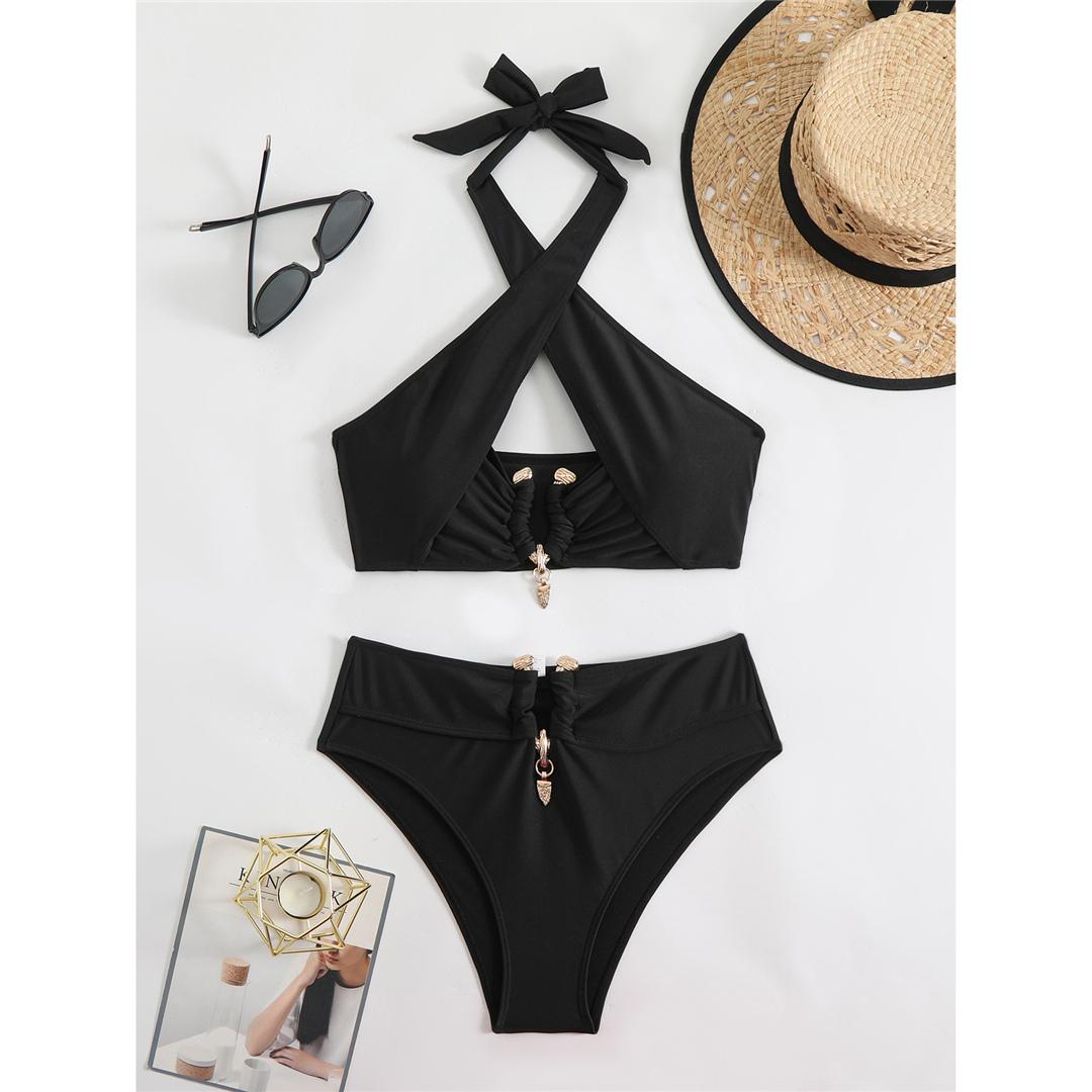 2025 Halter Cut Out High Waist Bikini Weiblicher Badeanzug Frauen Bademode Zweiteilige Bikini-Set Gepolsterte Badende Badeanzug Schwimmen V6256 M schwarz