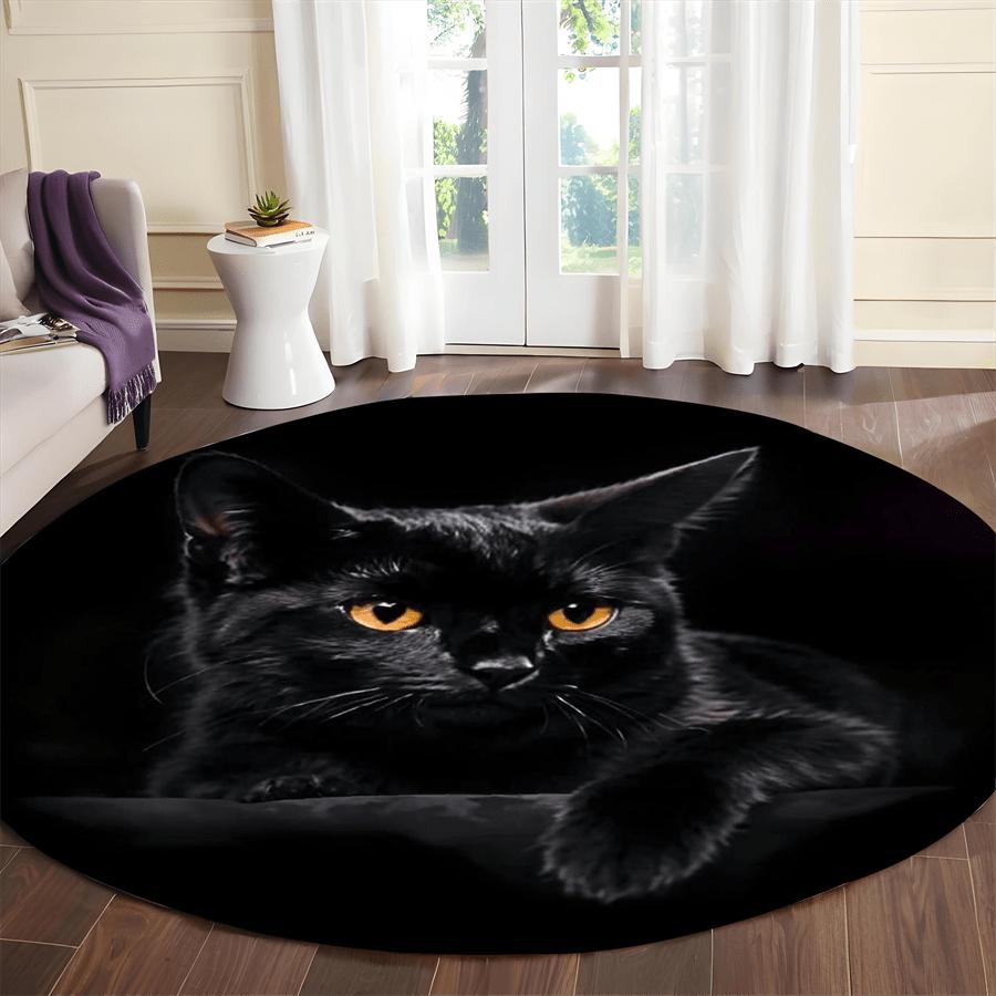 Schwarze Katze Muster Runde Form Fußmatten Küche Flur Läufer Teppich Schlafzimmer Wohnzimmer Weicher Teppich Rutschfester Bereichsteppich 100X100cm