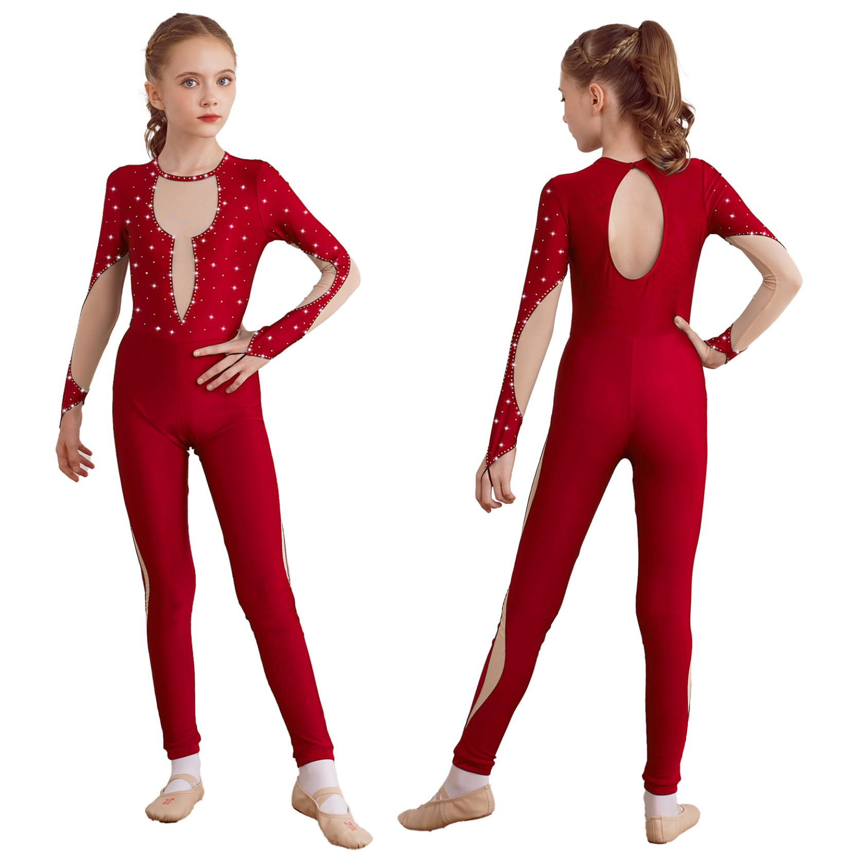 Kinder Mädchen Glänzender Gymnastik-Ganzanzug-Body mit langen Ärmeln und Schlüsselloch-Mesh-Patchwork-Schlitten-Overall am Rücken 5-6 Years rot