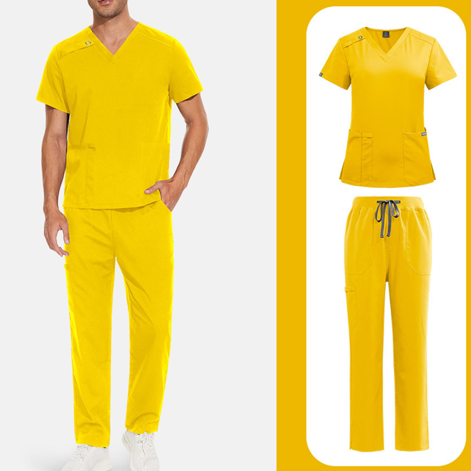 Herren Einfarbig Langärmlig Tasche Uniform Schützende Arbeiteruniform Jacke Lange Hose Set S gelb