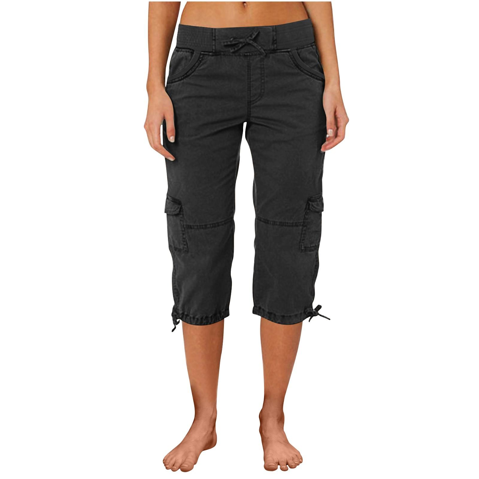 Damen Casual Color Blocking Hohe Taille Kordelzug Tasche Arbeitshose Capris M schwarz