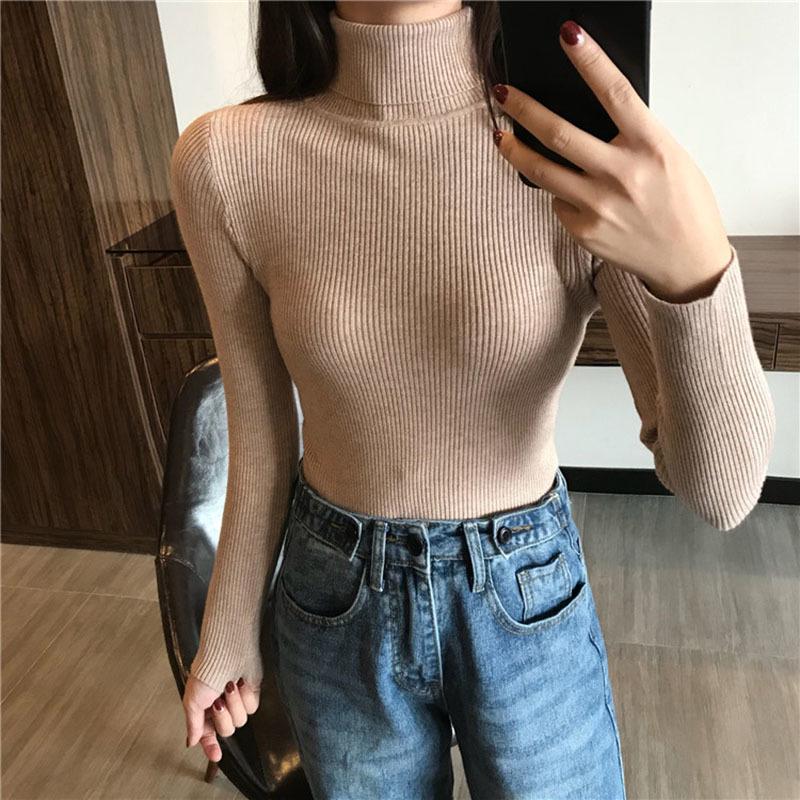 Gerippte Pullover Frauen Pullover Jumper Winter Schlank Rollkragen Gestrickte Pullover Weibliche Weiche Warme Langarm Strickwaren Pullover One Size khaki