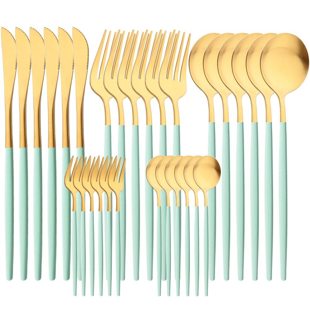 30-teiliges Besteckset aus Weißgold, matt, Geschirr, Messer, Gabel, Löffel, Edelstahl, Besteck, Küche, Party, Geschirr-Set minze, grüne/gold