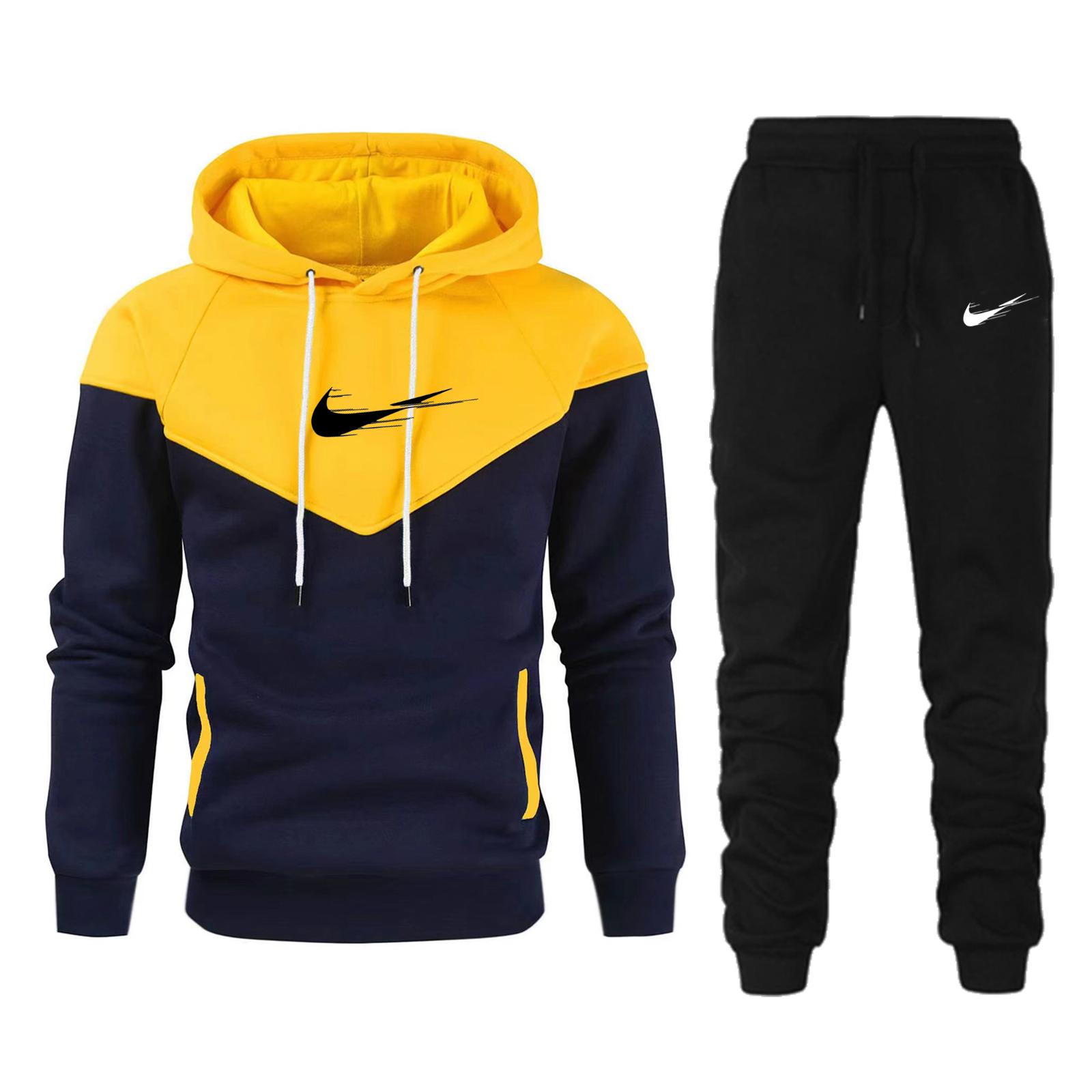 Schwarz Herbst 2025 Neue Sportswear Trainingsanzüge Herren Casual Plushed Warm Hoodie Set Farblich passende Marke 2 Stück Männer Outfit XL gelb