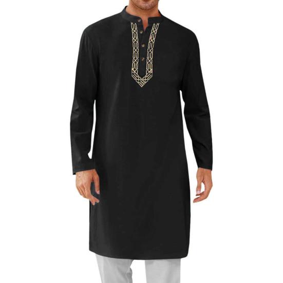 Herren Kaftan Robe O-Ausschnitt Langarm Abaya Atmungsaktive Button-up Thobe Arabische Ihram Kleidung für legere Anlässe Gebete XXL schwarz